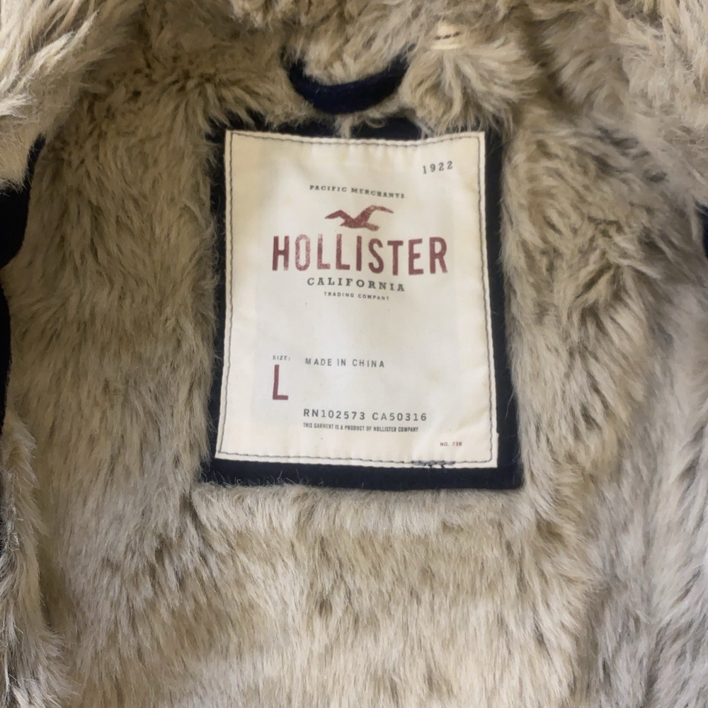 Hollister Y2K Navy Faux Fur Lined Hooded Toggle Jacket Size L - Picture 5 of 10